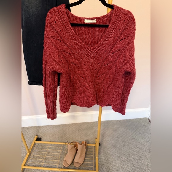 Anthropologie Sweaters - Anthropologie Alpaca Blend Chunky Cable Knit Sweater Raspberry Color Boho XS